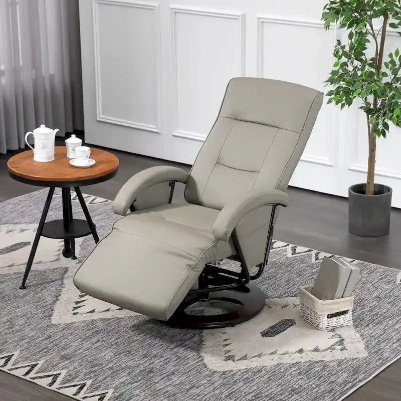 Fauteuil inclinable en PU avec repose-pieds, fauteuil de salon avec dossier réglable à 135° et base pivotante en bois