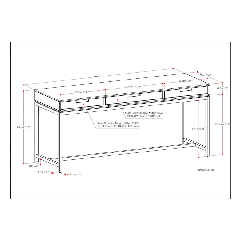 Bureau industriel en bois massif de 183 cm de large