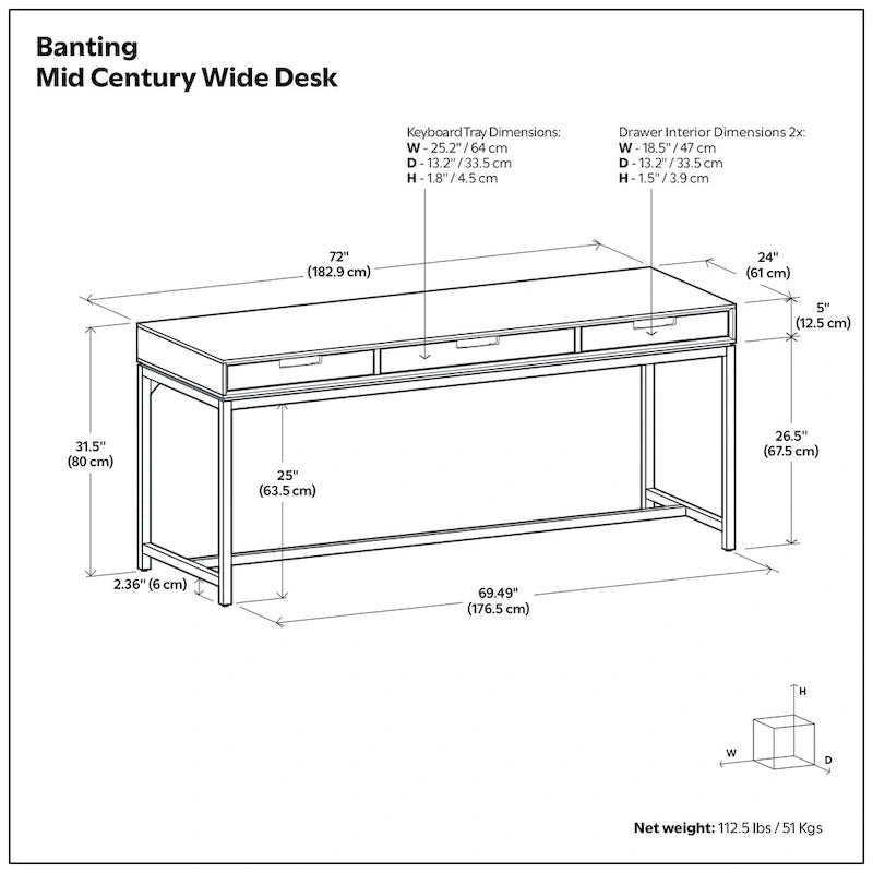 Bureau industriel en bois massif de 183 cm de large