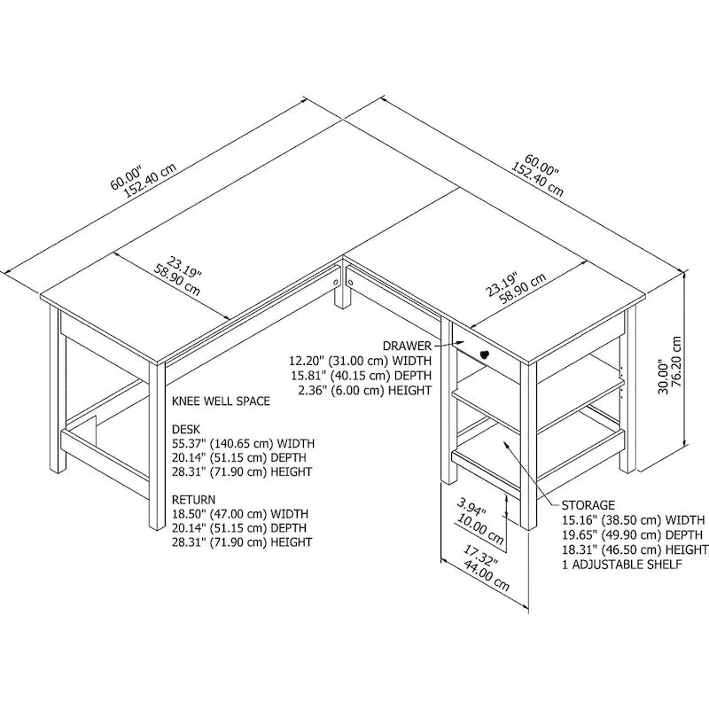 Bureau d'angle informatique en L de 60 pouces avec rangement