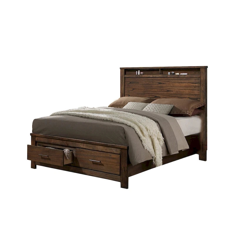 Lit double en chêne avec rangements intégrés et tiroirs de rangement