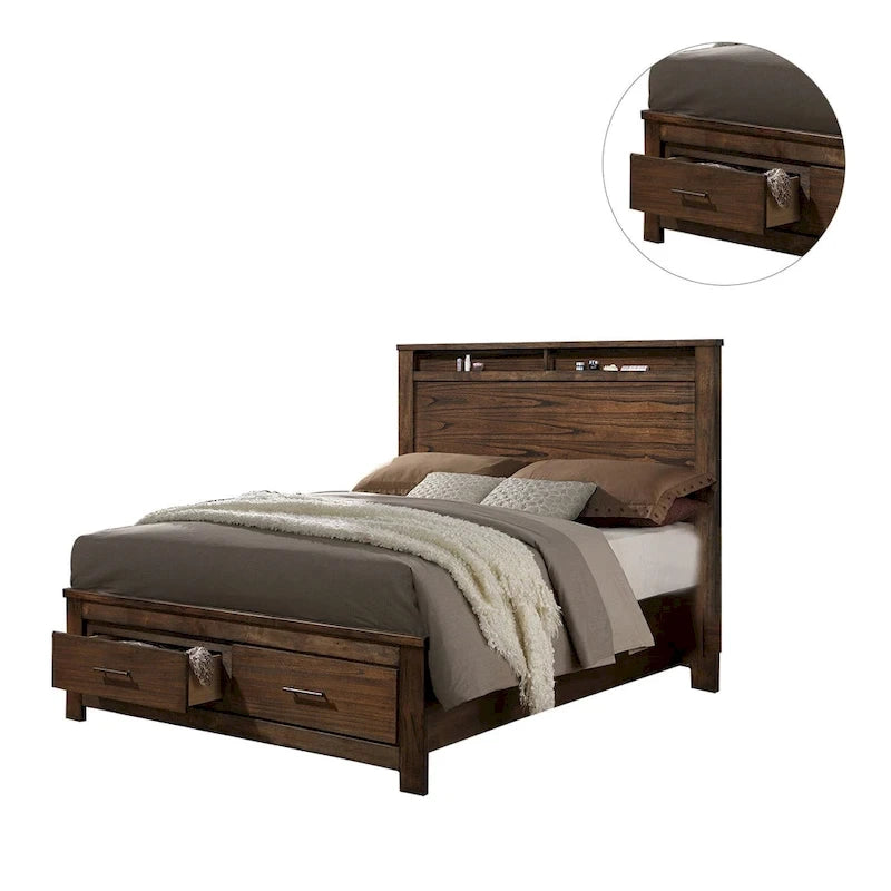Lit double en chêne avec rangements intégrés et tiroirs de rangement