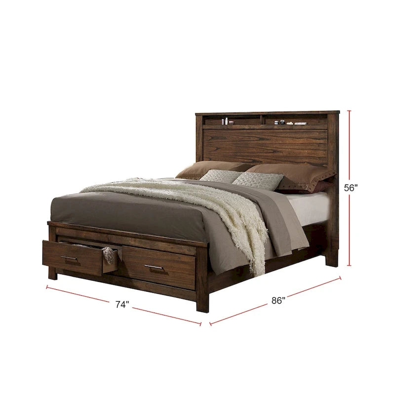 Lit double en chêne avec rangements intégrés et tiroirs de rangement