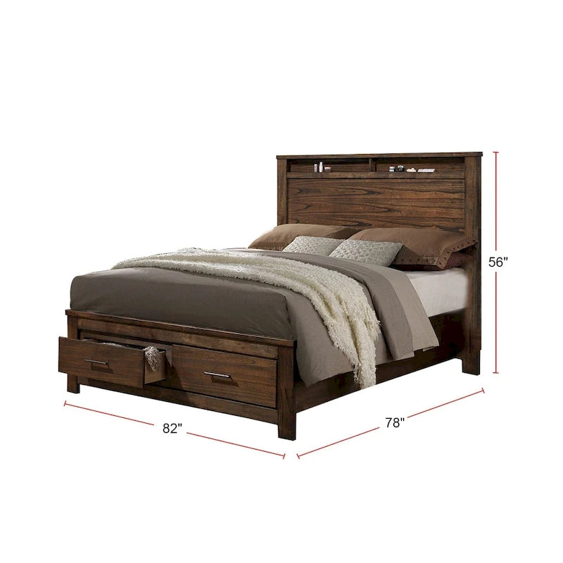 Lit double en chêne avec rangements intégrés et tiroirs de rangement