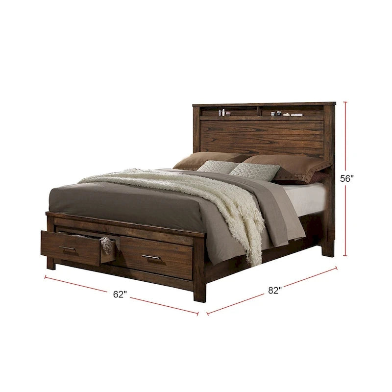 Lit double en chêne avec rangements intégrés et tiroirs de rangement