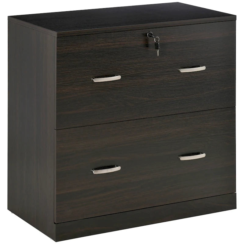 Classeur vertical 2 tiroirs avec serrure, meuble de rangement vertical avec tringle de suspension pour format A4, maison, bureau, noyer