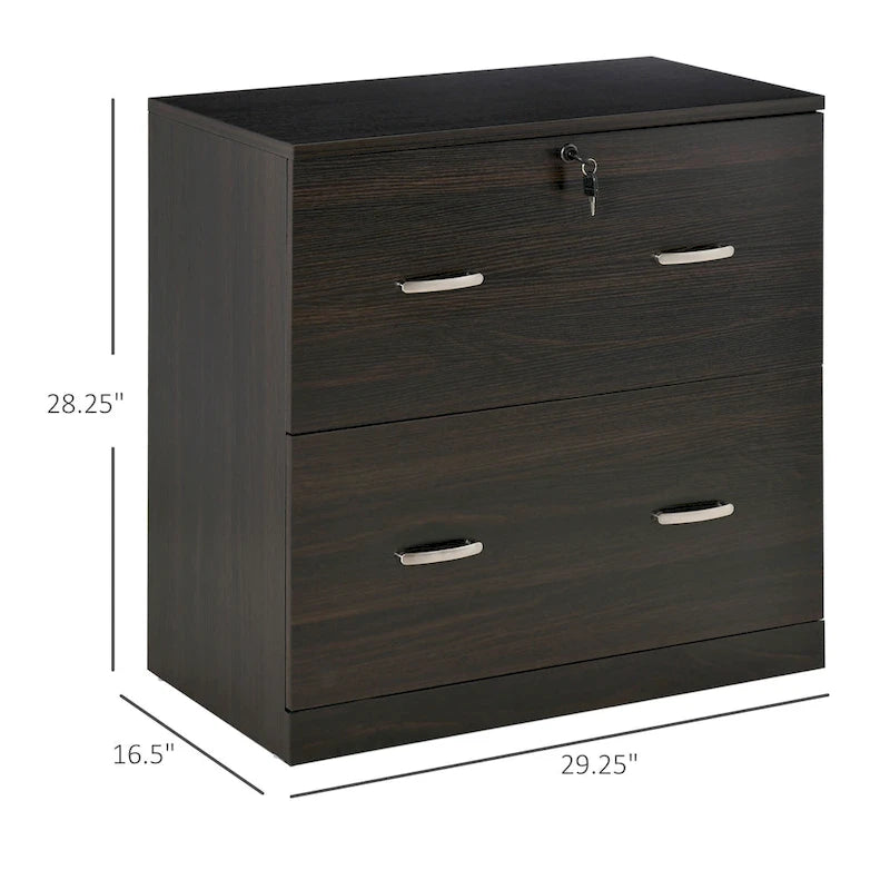 Classeur vertical 2 tiroirs avec serrure, meuble de rangement vertical avec tringle de suspension pour format A4, maison, bureau, noyer