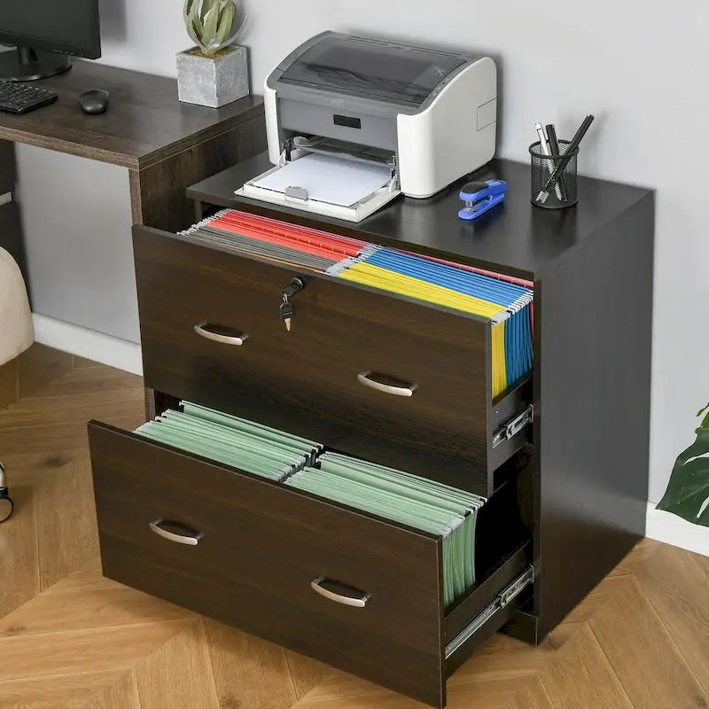 Classeur vertical 2 tiroirs avec serrure, meuble de rangement vertical avec tringle de suspension pour format A4, maison, bureau, noyer