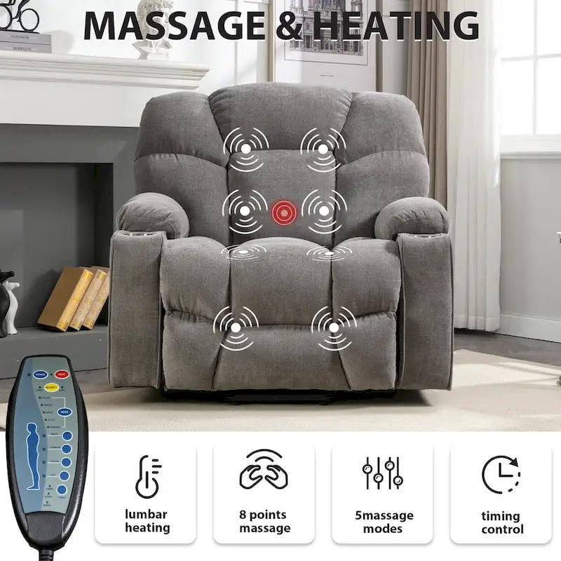 Fauteuil inclinable releveur électrique avec massage et chauffage pour personnes âgées, avec 2 porte-gobelets