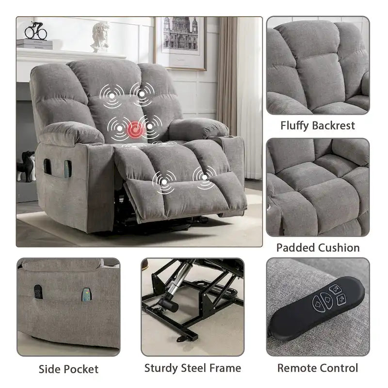 Fauteuil inclinable releveur électrique avec massage et chauffage pour personnes âgées, avec 2 porte-gobelets