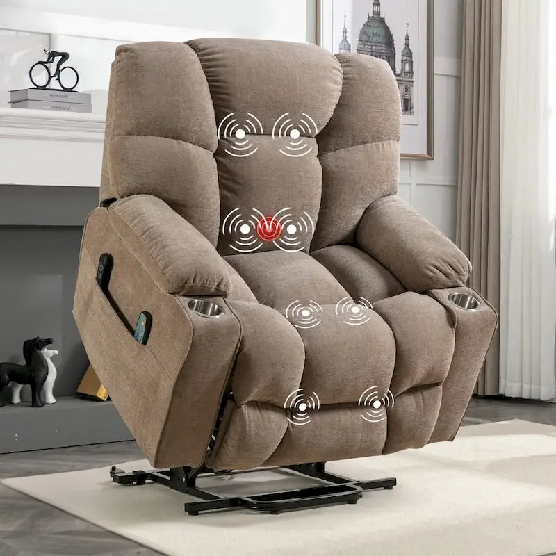 Fauteuil inclinable releveur électrique avec massage et chauffage pour personnes âgées, avec 2 porte-gobelets