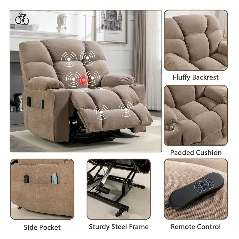 Fauteuil inclinable releveur électrique avec massage et chauffage pour personnes âgées, avec 2 porte-gobelets