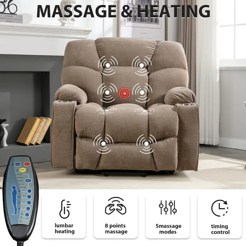 Fauteuil inclinable releveur électrique avec massage et chauffage pour personnes âgées, avec 2 porte-gobelets