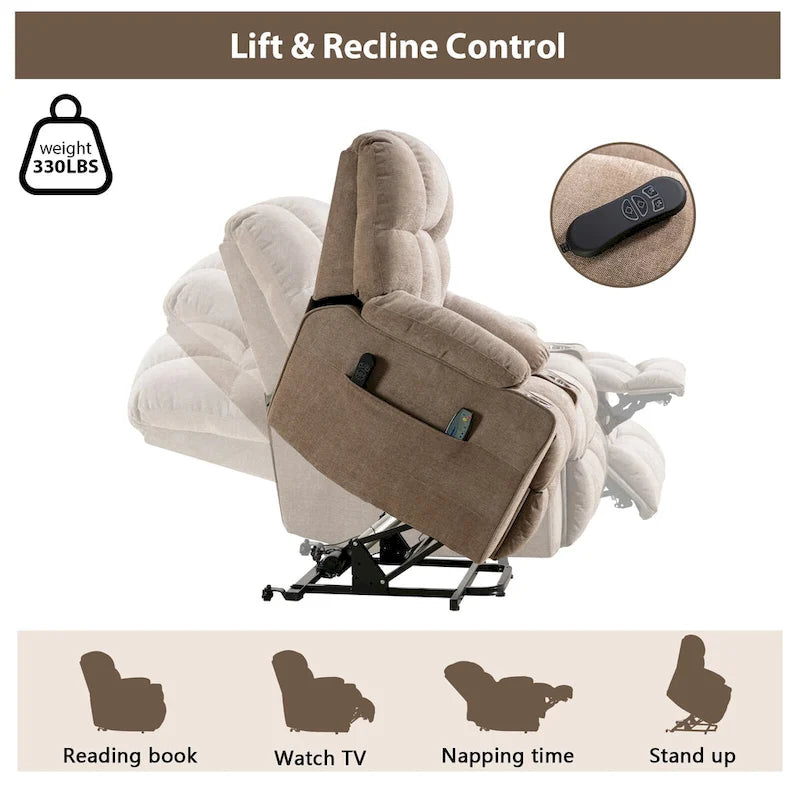 Fauteuil inclinable releveur électrique avec massage et chauffage pour personnes âgées, avec 2 porte-gobelets