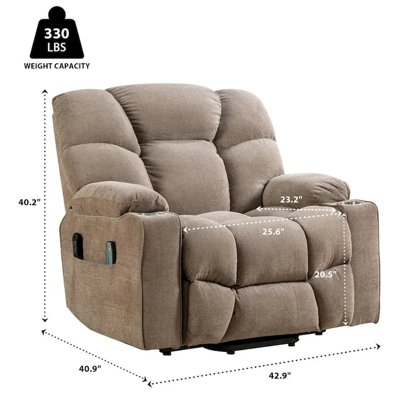 Fauteuil inclinable releveur électrique avec massage et chauffage pour personnes âgées, avec 2 porte-gobelets