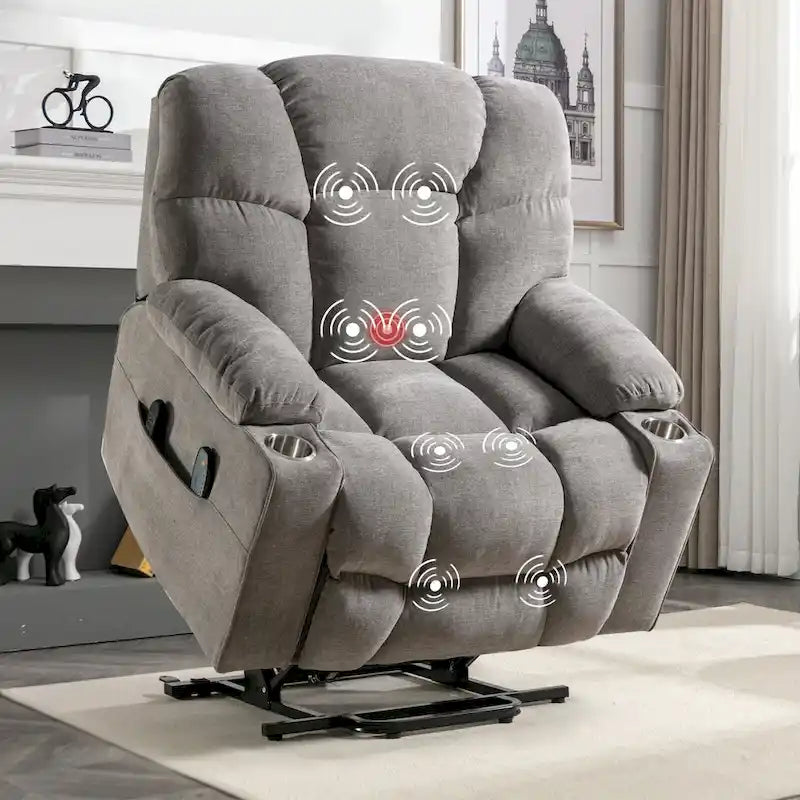 Fauteuil inclinable releveur électrique avec massage et chauffage pour personnes âgées, avec 2 porte-gobelets