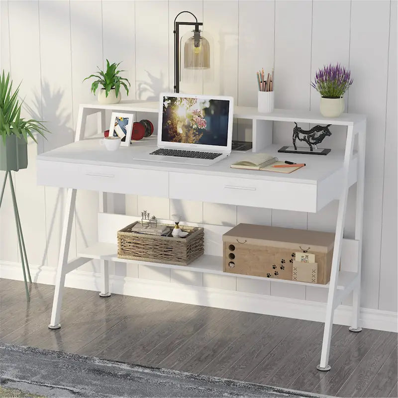 Bureau informatique de 120 cm avec tiroirs, bureau d'écriture avec étagères