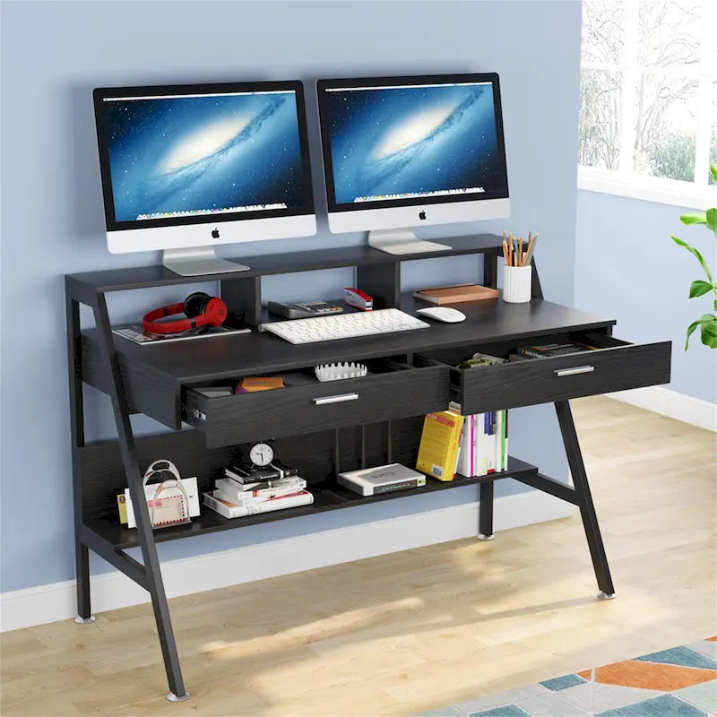 Bureau informatique de 120 cm avec tiroirs, bureau d'écriture avec étagères