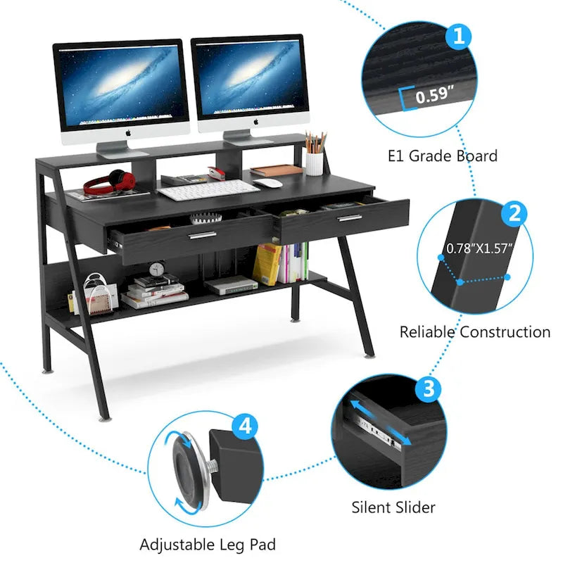Bureau informatique de 120 cm avec tiroirs, bureau d'écriture avec étagères