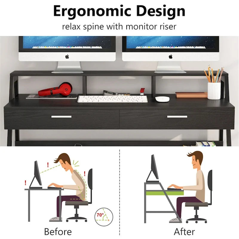 Bureau informatique de 120 cm avec tiroirs, bureau d'écriture avec étagères