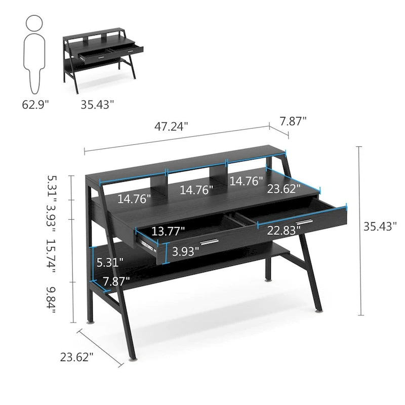 Bureau informatique de 120 cm avec tiroirs, bureau d'écriture avec étagères