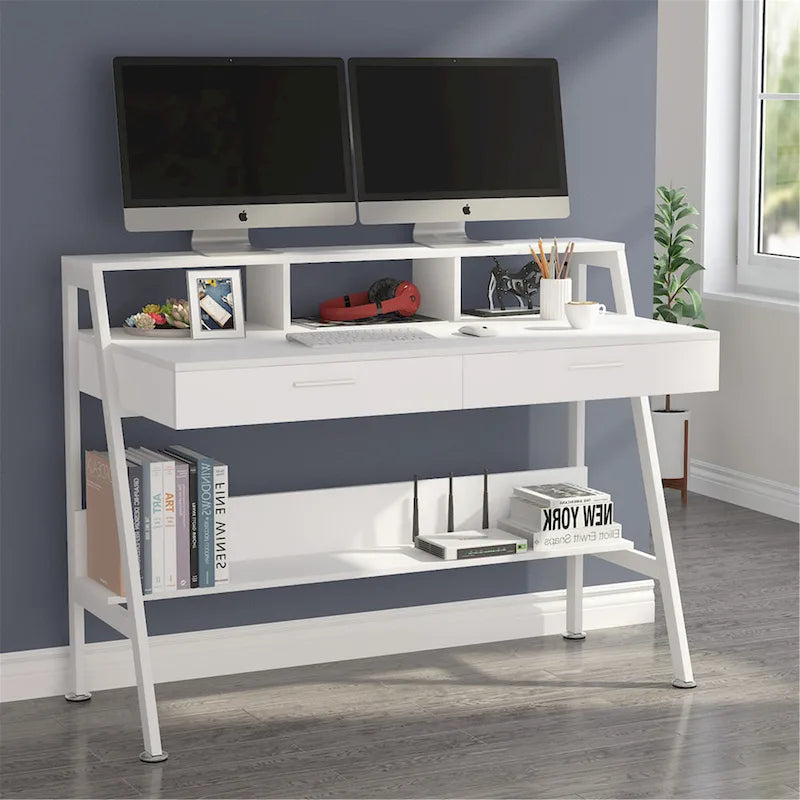 Bureau informatique de 120 cm avec tiroirs, bureau d'écriture avec étagères