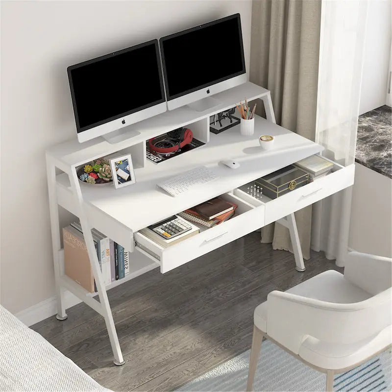 Bureau informatique de 120 cm avec tiroirs, bureau d'écriture avec étagères