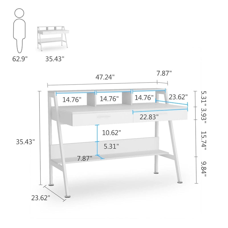 Bureau informatique de 120 cm avec tiroirs, bureau d'écriture avec étagères