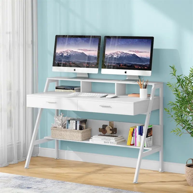 Bureau informatique de 120 cm avec tiroirs, bureau d'écriture avec étagères