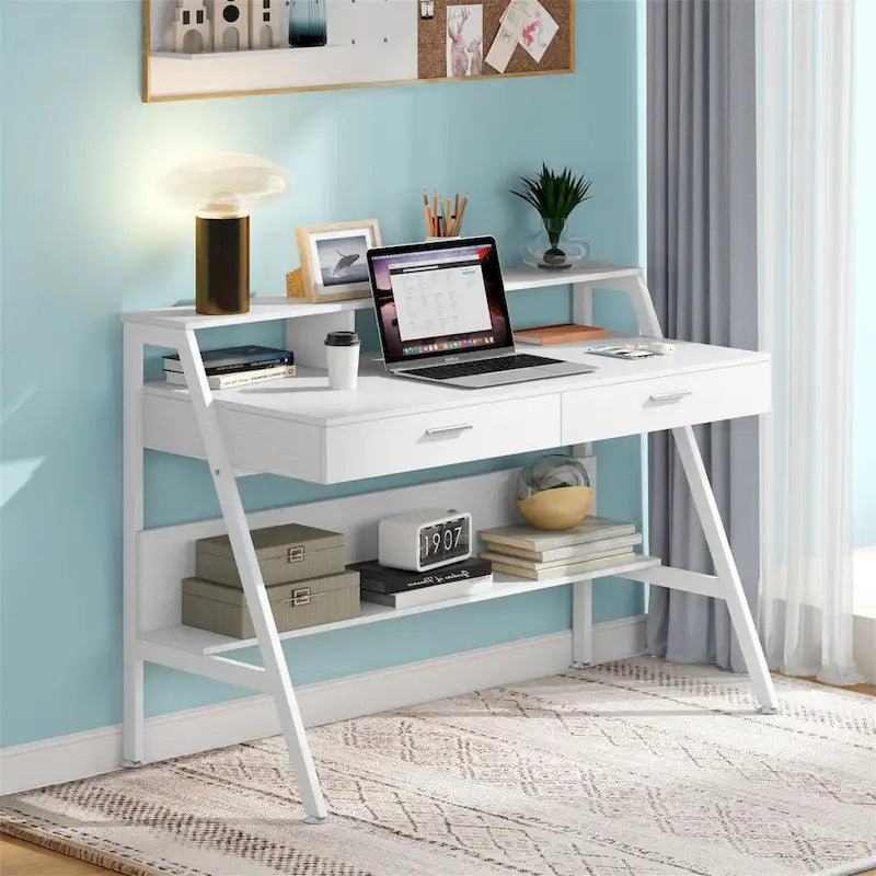 Bureau informatique de 120 cm avec tiroirs, bureau d'écriture avec étagères