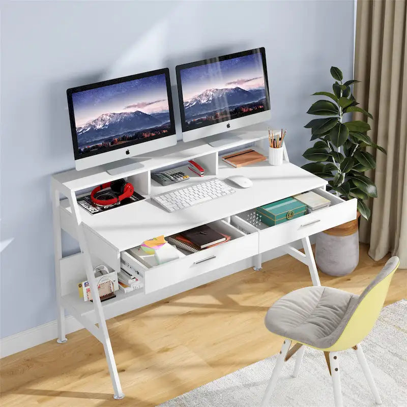 Bureau informatique de 120 cm avec tiroirs, bureau d'écriture avec étagères