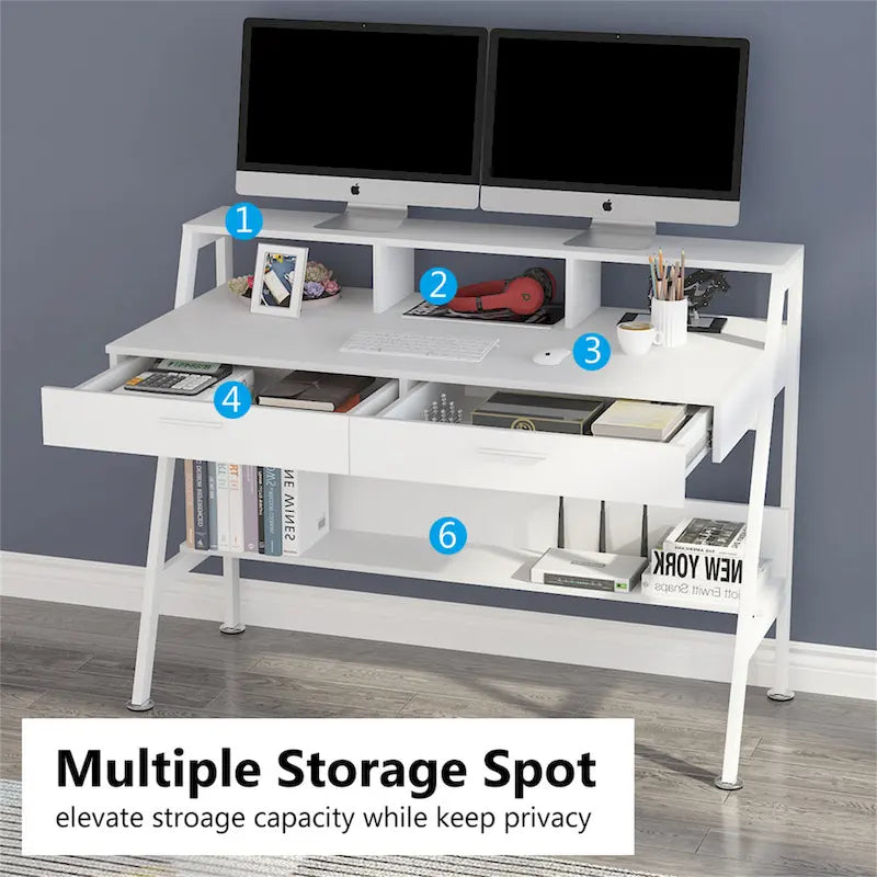 Bureau informatique de 120 cm avec tiroirs, bureau d'écriture avec étagères