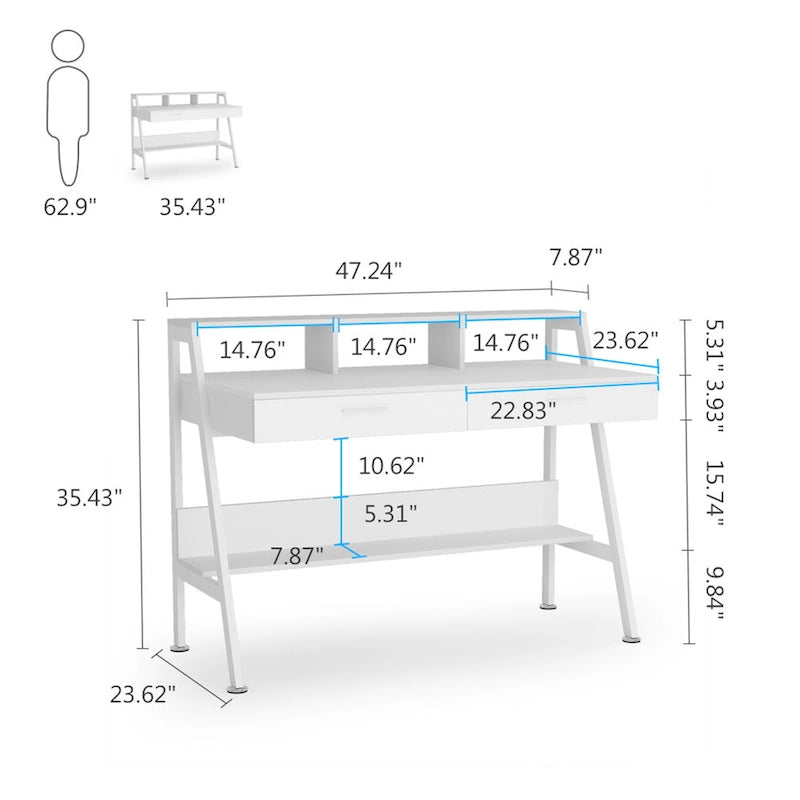 Bureau informatique de 120 cm avec tiroirs, bureau d'écriture avec étagères