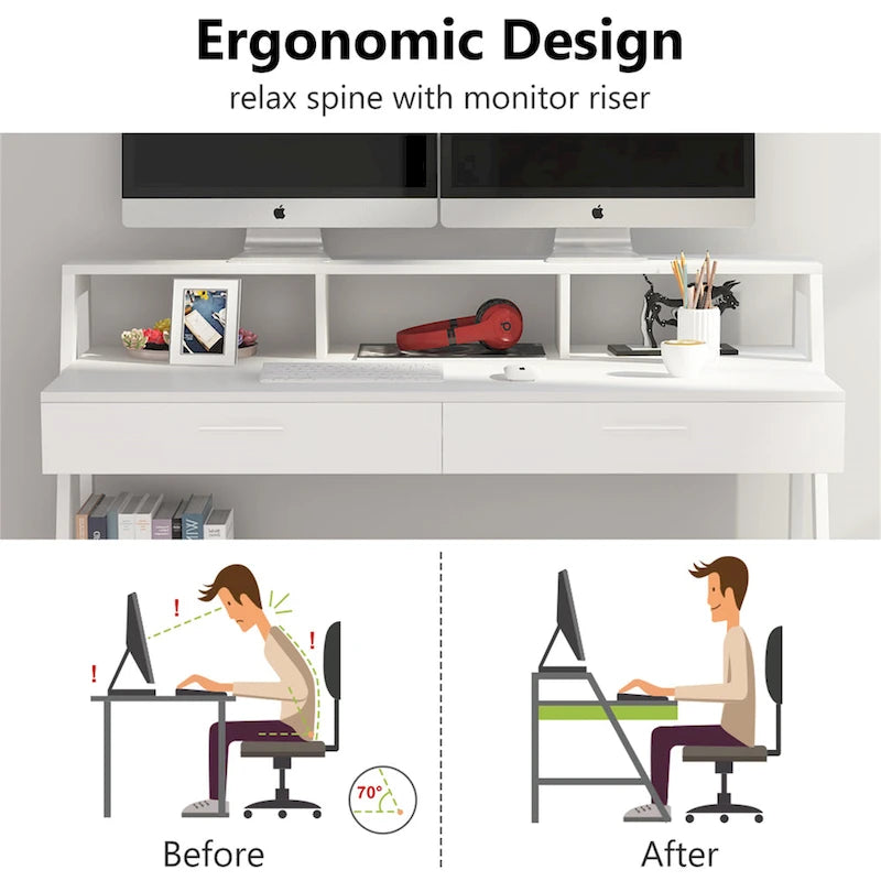 Bureau informatique de 120 cm avec tiroirs, bureau d'écriture avec étagères