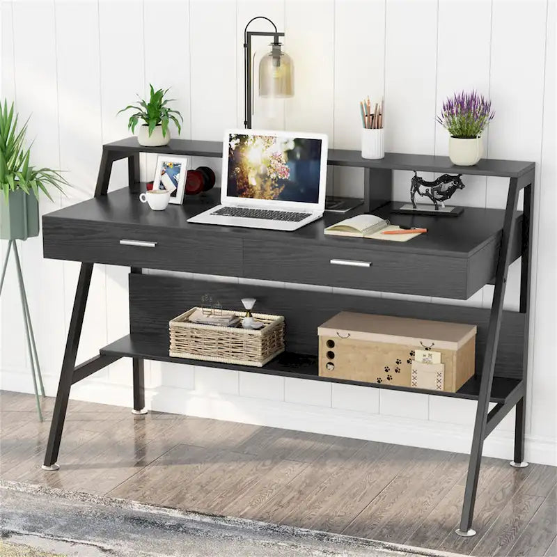 Bureau informatique de 120 cm avec tiroirs, bureau d'écriture avec étagères