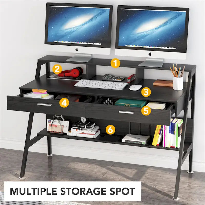 Bureau informatique de 120 cm avec tiroirs, bureau d'écriture avec étagères