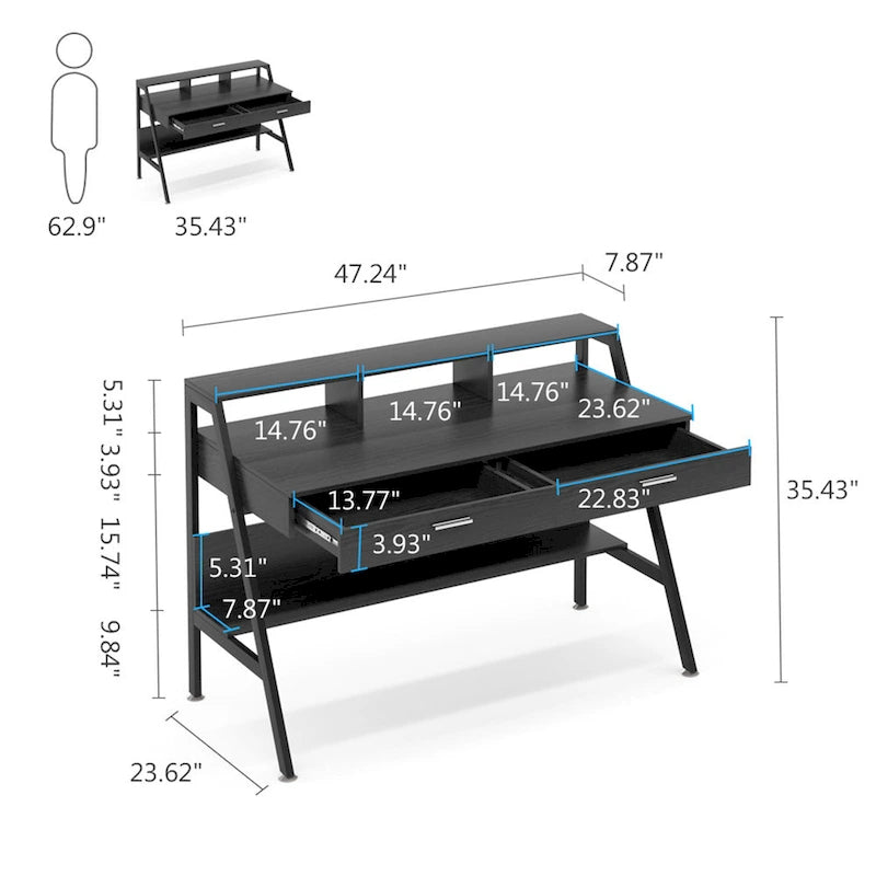 Bureau informatique de 120 cm avec tiroirs, bureau d'écriture avec étagères