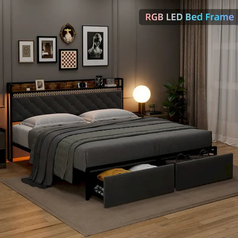 Lit plateforme en métal avec tête de lit de rangement et lumières LED