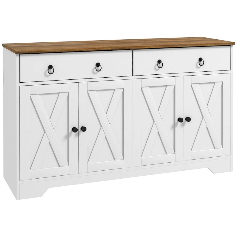 Vaisselier, meuble buffet avec 2 tiroirs, 2 placards de rangement, 4 portes coulissantes style grange et étagères réglables, Blanc