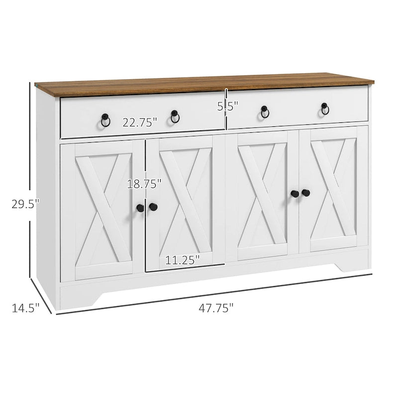 Vaisselier, meuble buffet avec 2 tiroirs, 2 placards de rangement, 4 portes coulissantes style grange et étagères réglables, Blanc