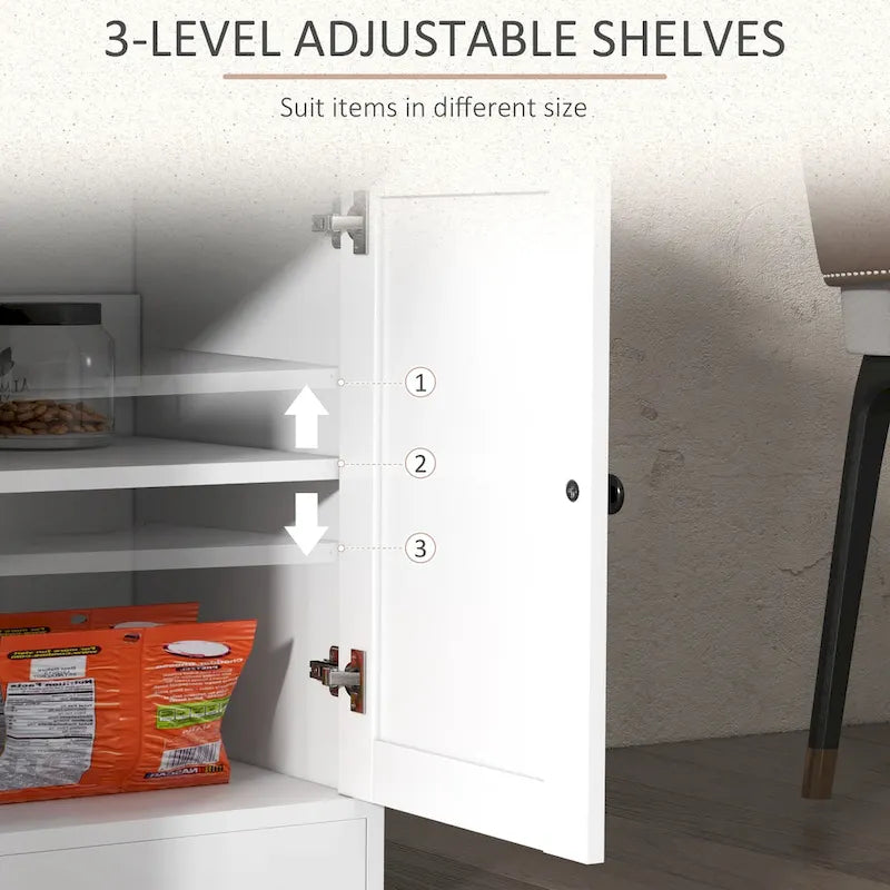 Vaisselier, meuble buffet avec 2 tiroirs, 2 placards de rangement, 4 portes coulissantes style grange et étagères réglables, Blanc