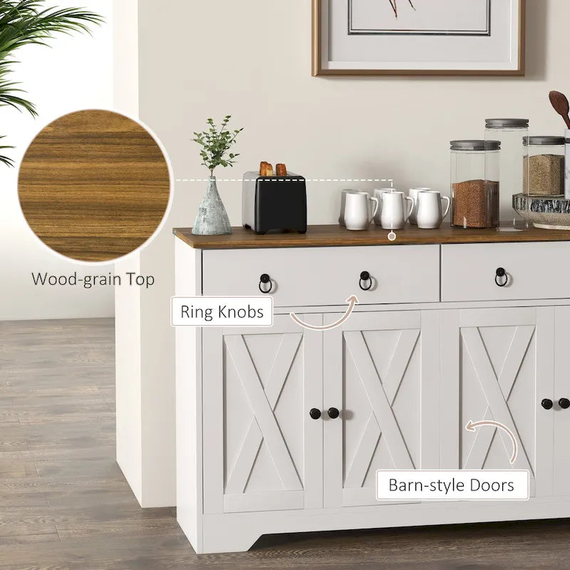 Vaisselier, meuble buffet avec 2 tiroirs, 2 placards de rangement, 4 portes coulissantes style grange et étagères réglables, Blanc