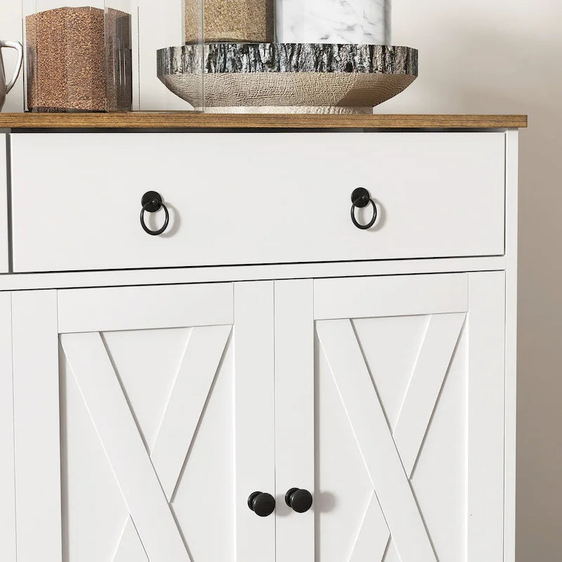 Vaisselier, meuble buffet avec 2 tiroirs, 2 placards de rangement, 4 portes coulissantes style grange et étagères réglables, Blanc