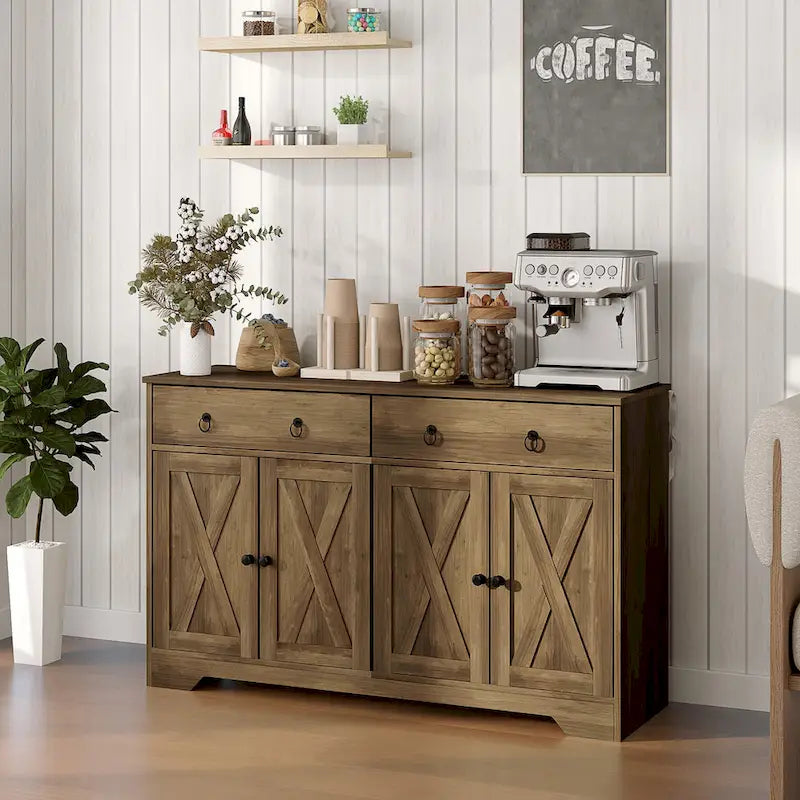 Vaisselier, meuble buffet avec 2 tiroirs, 2 placards de rangement, 4 portes coulissantes style grange et étagères réglables, Blanc