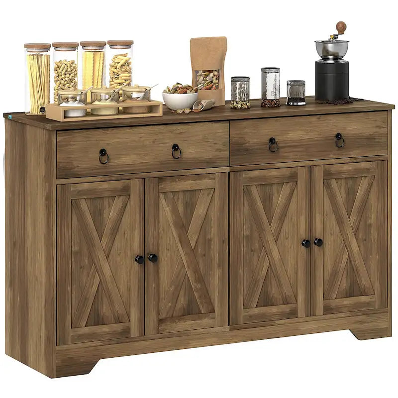 Vaisselier, meuble buffet avec 2 tiroirs, 2 placards de rangement, 4 portes coulissantes style grange et étagères réglables, Blanc