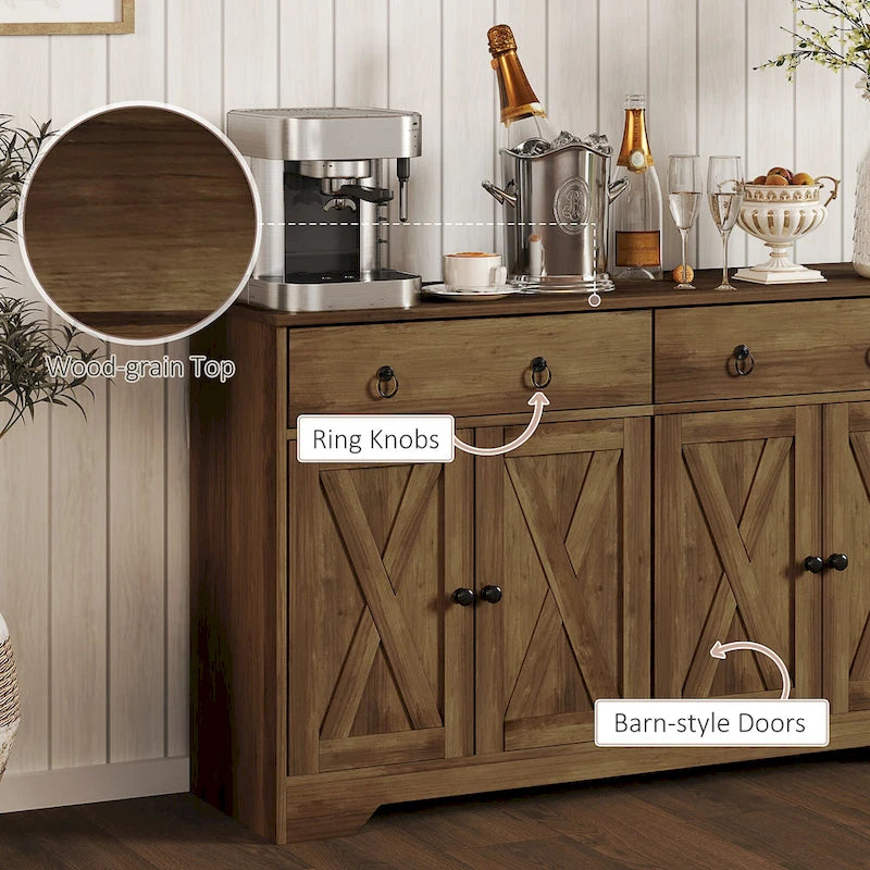 Vaisselier, meuble buffet avec 2 tiroirs, 2 placards de rangement, 4 portes coulissantes style grange et étagères réglables, Blanc