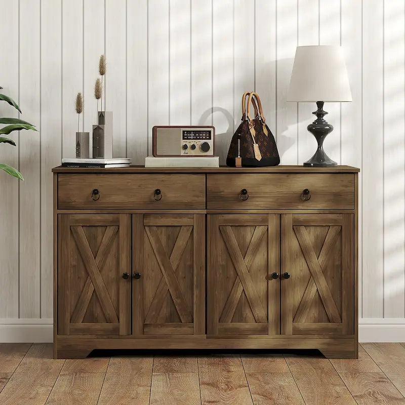 Vaisselier, meuble buffet avec 2 tiroirs, 2 placards de rangement, 4 portes coulissantes style grange et étagères réglables, Blanc