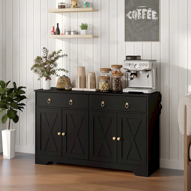Vaisselier, meuble buffet avec 2 tiroirs, 2 placards de rangement, 4 portes coulissantes style grange et étagères réglables, Blanc