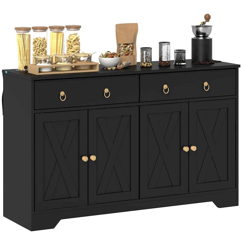 Vaisselier, meuble buffet avec 2 tiroirs, 2 placards de rangement, 4 portes coulissantes style grange et étagères réglables, Blanc