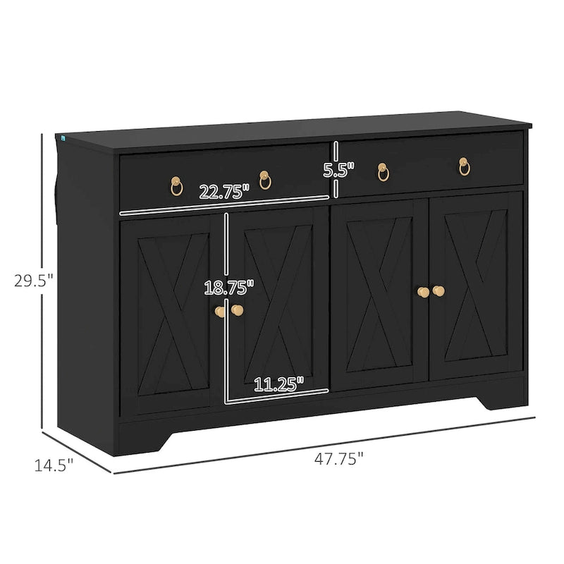 Vaisselier, meuble buffet avec 2 tiroirs, 2 placards de rangement, 4 portes coulissantes style grange et étagères réglables, Blanc